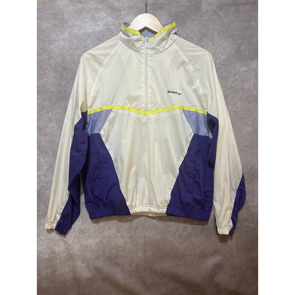 VINTAGE 80s/90s Reebok Women's 1/4 Zip Windbreaker White Purple Neon size L